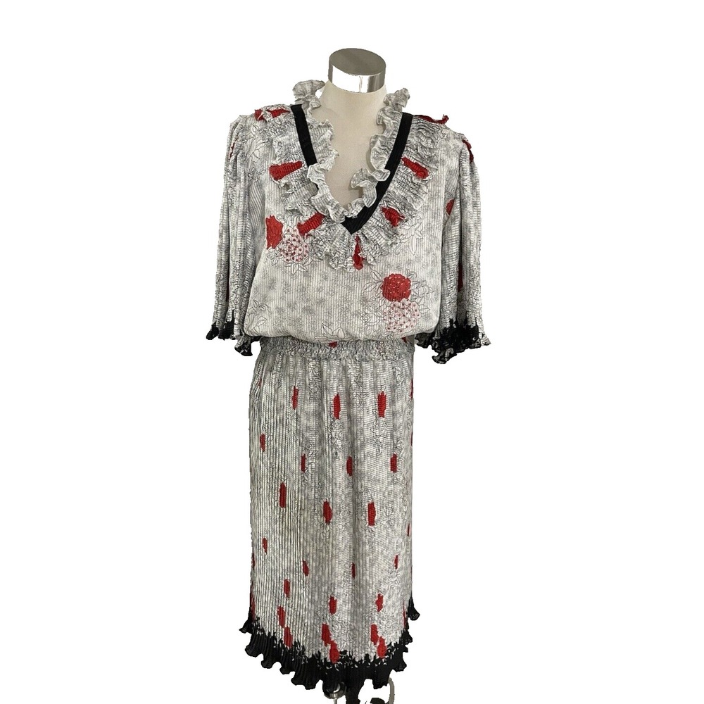 Mosaic Midi Dress Accordian Pleated Georgette Blouson Skirt Blouse Vintage L/XL‎